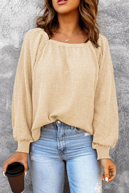 Square Neck Puff Sleeve Waffle Knit Top - L & M Kee, LLC