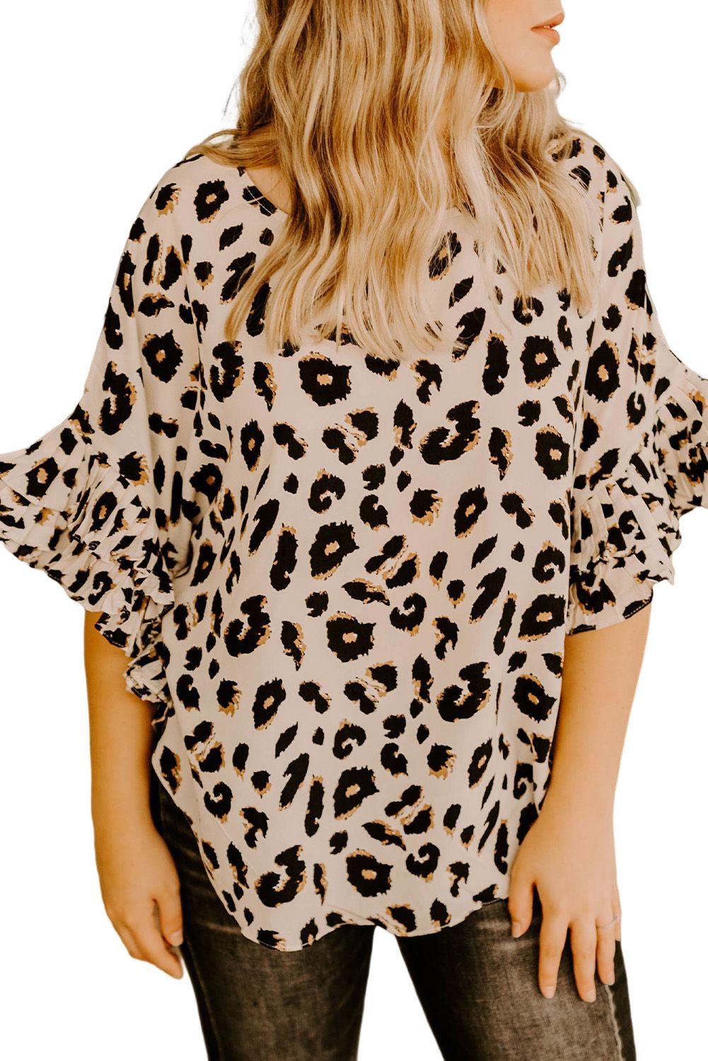 Leopard Print Ruffle Trim Batwing Sleeve Blouse - L & M Kee, LLC