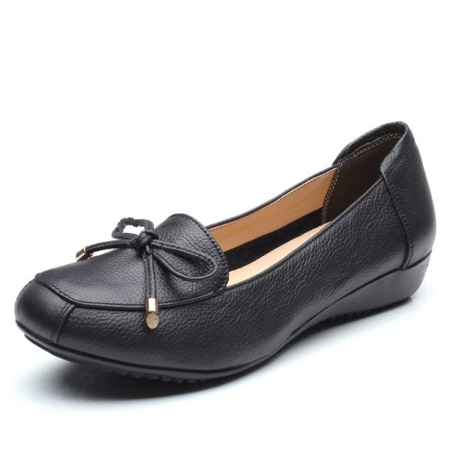 Flat Low Heel Bowknot Hollow Out Soft Leather Slip On Shoes - L & M Kee, LLC