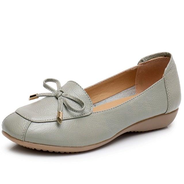 Flat Low Heel Bowknot Hollow Out Soft Leather Slip On Shoes - L & M Kee, LLC