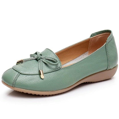 Flat Low Heel Bowknot Hollow Out Soft Leather Slip On Shoes - L & M Kee, LLC
