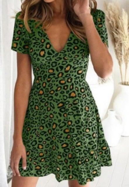 Leopard Short Sleeve V Neck Wrap Mini Dress - L & M Kee, LLC
