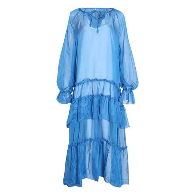 TWOTWINSTYLE Perspective V Neck Lace Up Lantern Sleeve Maxi Dress Plus Size - L & M Kee, LLC