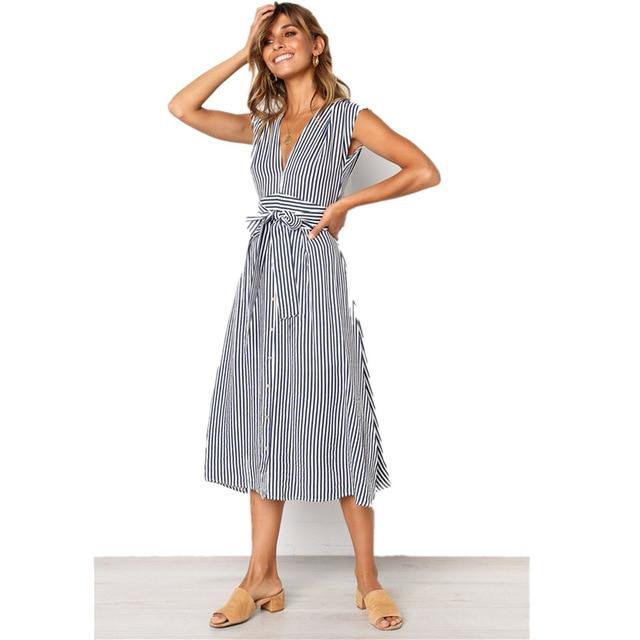 2020 Summer Dress Women Sleeveless Casual Stripe Dresses - L & M Kee, LLC