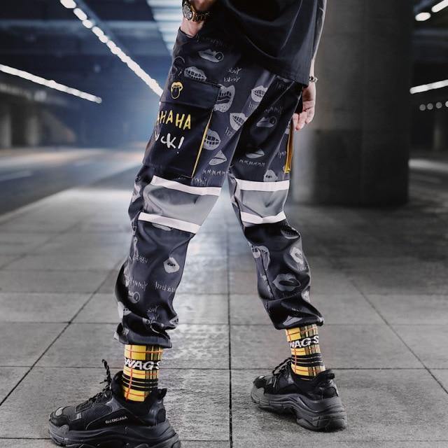 Black and Yellow Print Color Stitching Streetwear Hip Hop Cargo Pants - L & M Kee, LLC