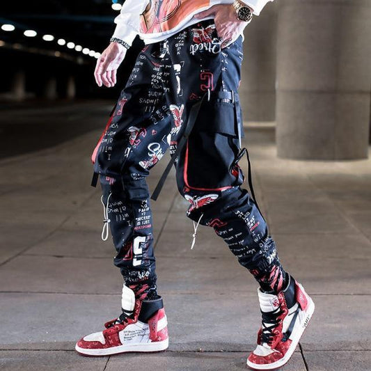 Black and Red Print Color Stitching Streetwear Hip Hop Cargo Pants - L & M Kee, LLC