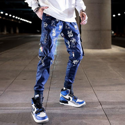 Blue Print Color Stitching Streetwear Hip Hop Cargo Pants - L & M Kee, LLC