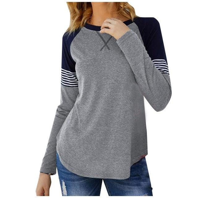 Color Block Round Neck Long Sleeve Pullover Tops - L & M Kee, LLC