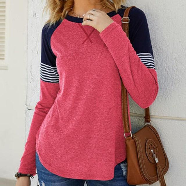 Color Block Round Neck Long Sleeve Pullover Tops - L & M Kee, LLC