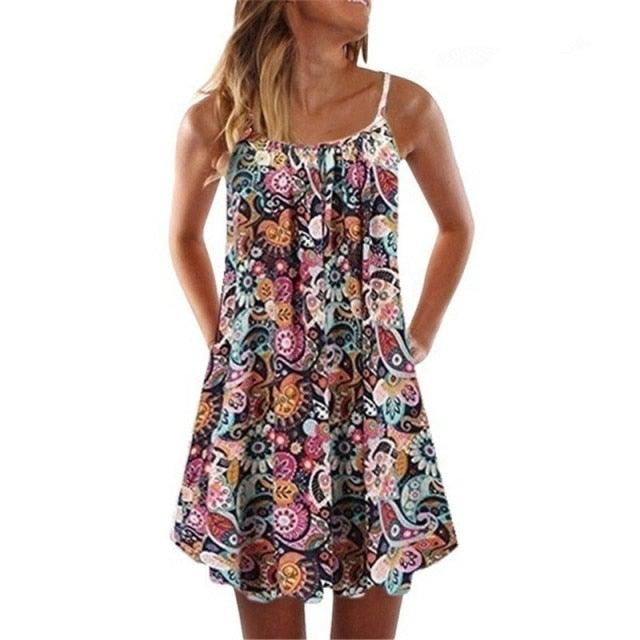Floral Print Boho Sleeveless Mini Swing Dress | Plus Sizes - L & M Kee, LLC