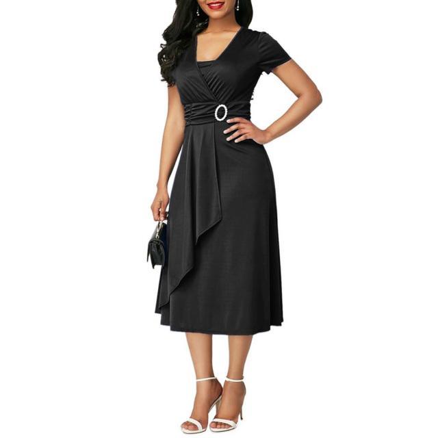 Short Sleeve V Neck Asymmetric Hem Party Dress - L & M Kee, LLC
