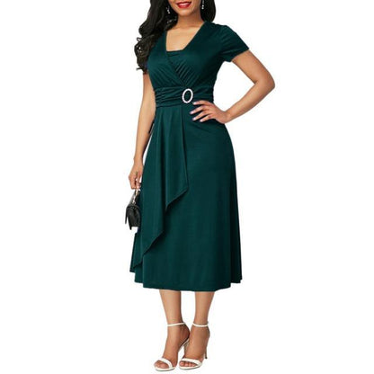 Short Sleeve V Neck Asymmetric Hem Party Dress - L & M Kee, LLC