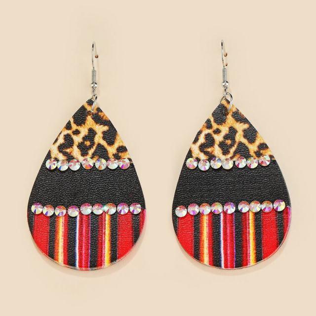 Embellished Rainbow Stripe Leopard Leather Teardrop Earrings - L & M Kee, LLC