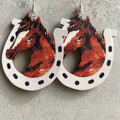 Horse in Horseshoe Wooden Dangle Earrings - L & M Kee, LLC