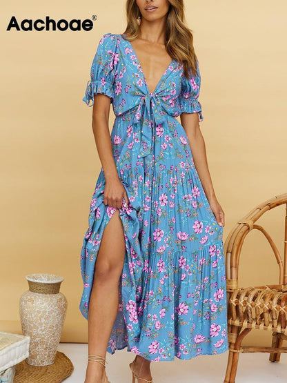 Printed V Neck Floral Tie Mid Dress - L & M Kee, LLC