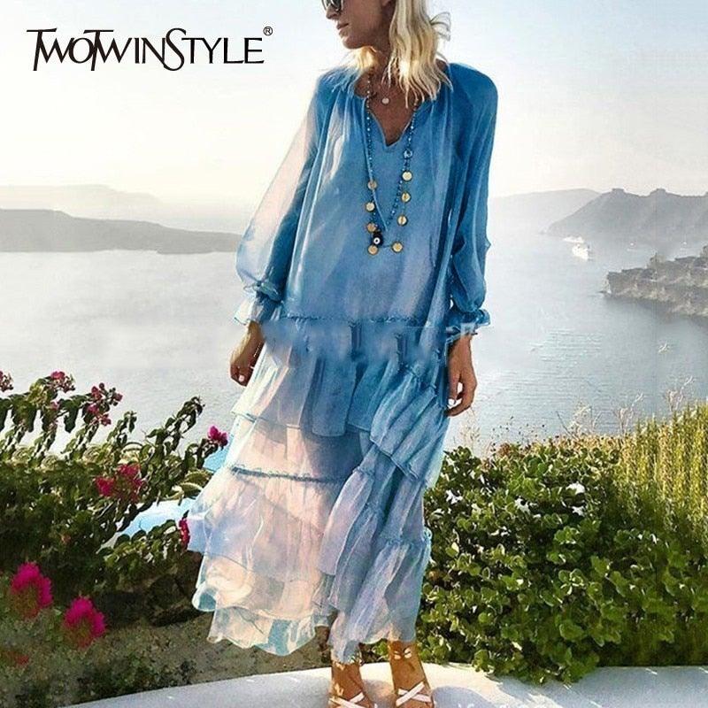 TWOTWINSTYLE Perspective V Neck Lace Up Lantern Sleeve Maxi Dress Plus Size - L & M Kee, LLC